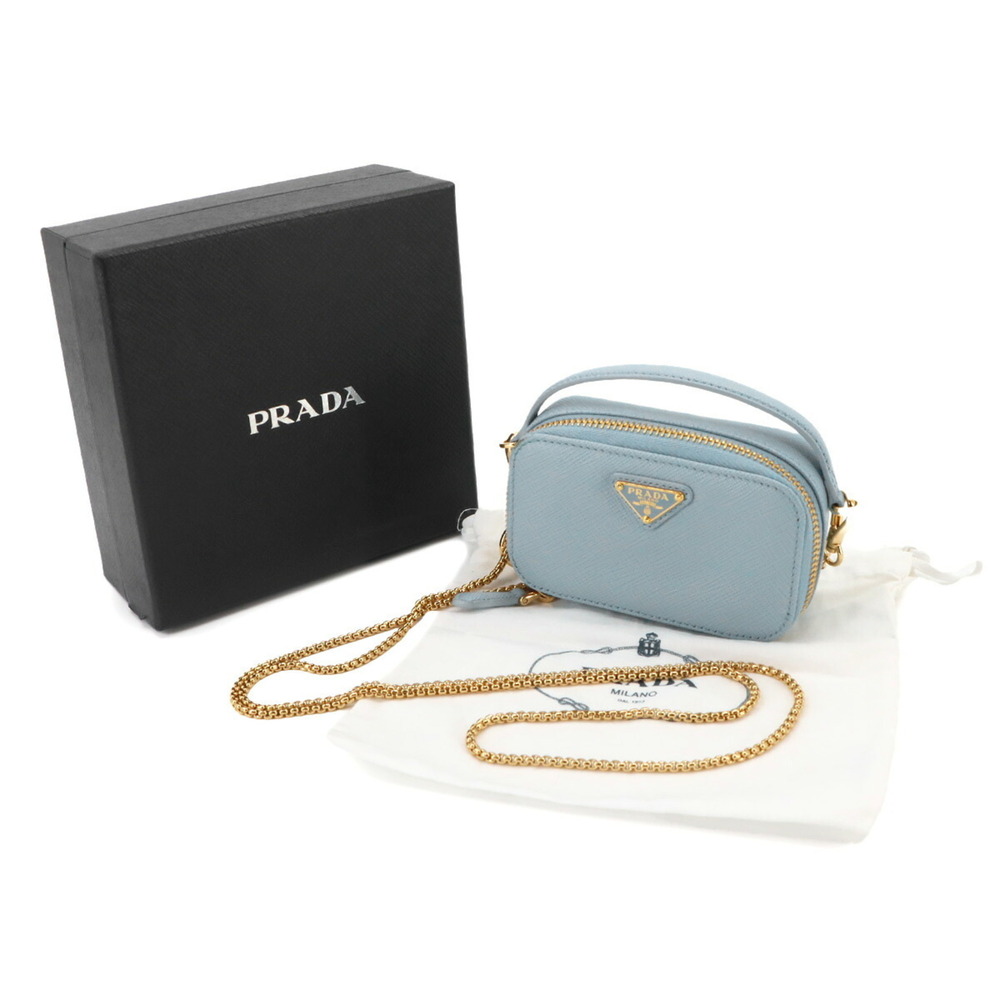 Prada Saffiano Triangle Mini Handbag Pouch Chain Shoulder Leather Light Blue ... - Picture 2 of 10